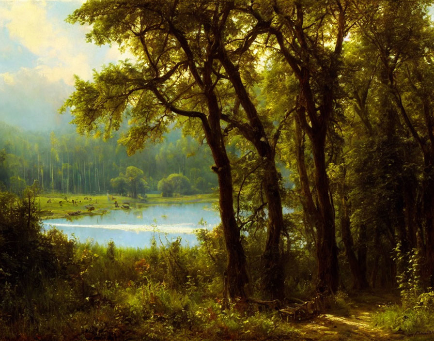 Tranquil forest scene with sunlit trees and serene lake