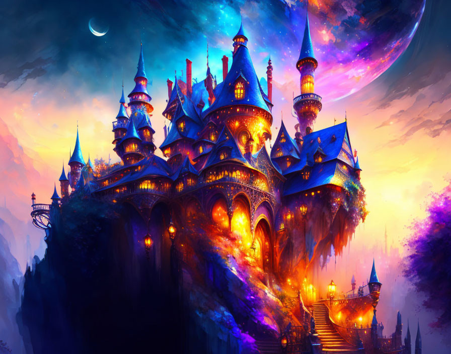 Vibrant fantasy castle on cliff with night sky and crescent moon