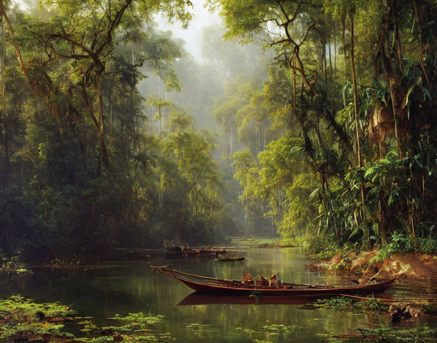 Tranquil river in lush tropical forest with mist and wooden boat.