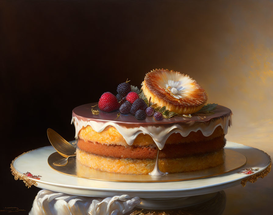 Chocolate-Glazed Cake with Berries and Fig on Gold-Rimmed Plate