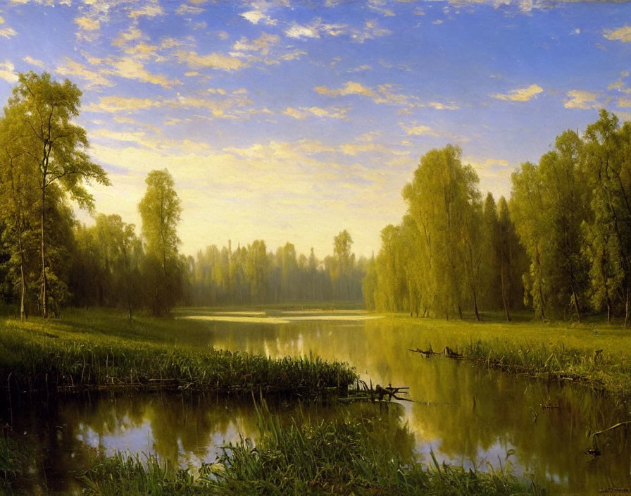 Serene lake landscape with lush green trees under blue sky