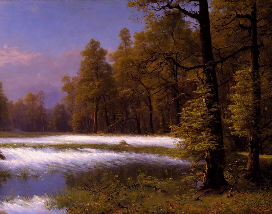 Tranquil landscape: serene river, lush forest, hazy sky