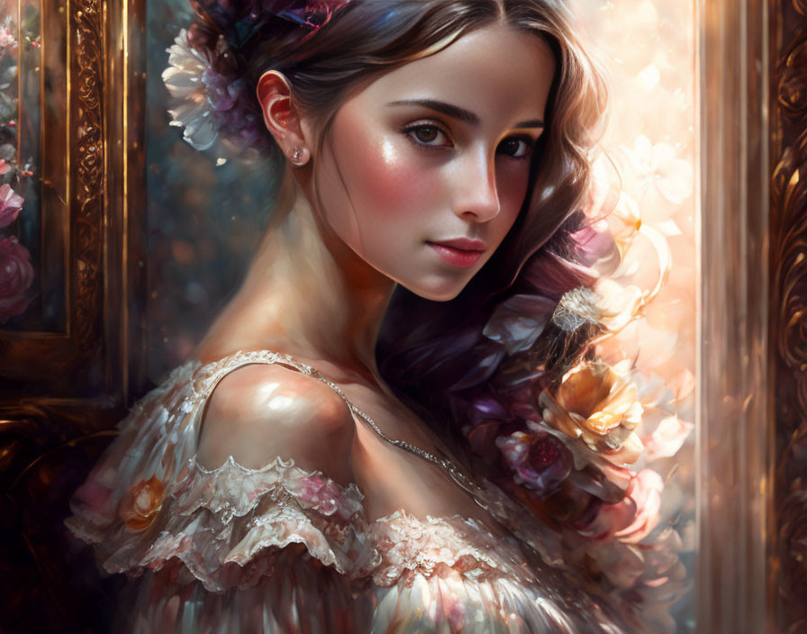 Woman with Floral Adornment in Soft Digital Painting