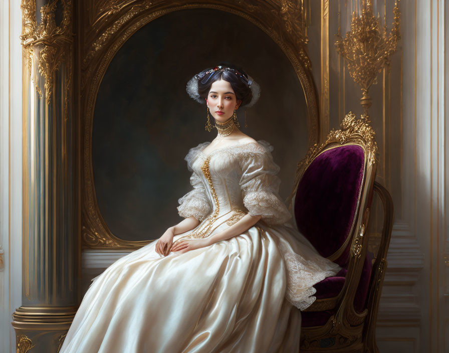 Historical dress woman beside gilded mirror and velvet chair