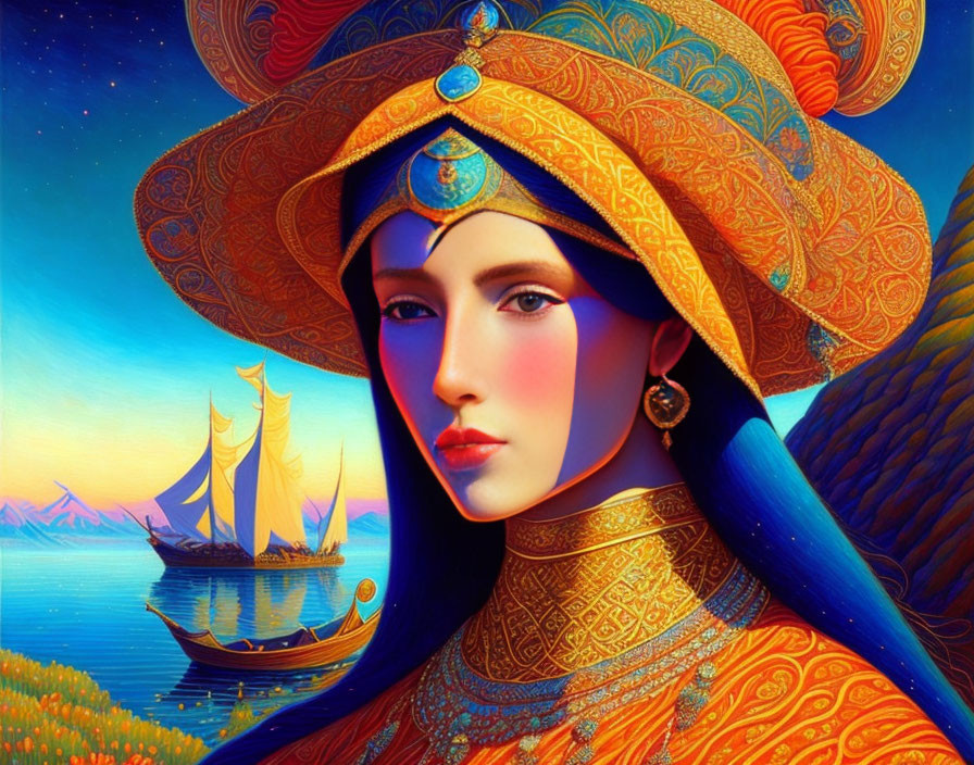 Vibrant artwork: Woman in golden attire with sailboats at sunset