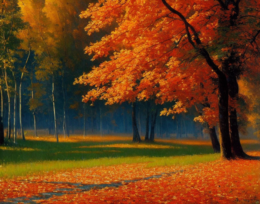 Golden-orange autumn leaves in a serene forest setting