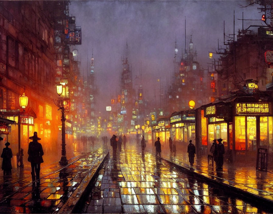 City street at night: rain-soaked, glowing street lamps, silhouetted figures, towering