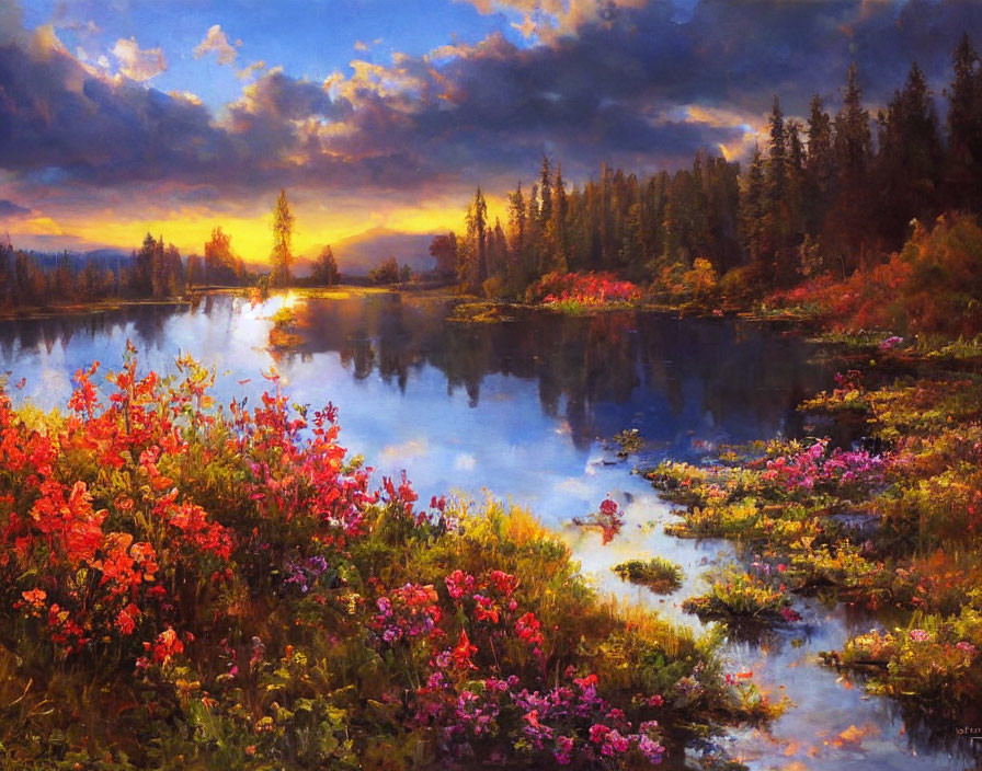 Colorful landscape painting: river at sunset with flowers & lush forests