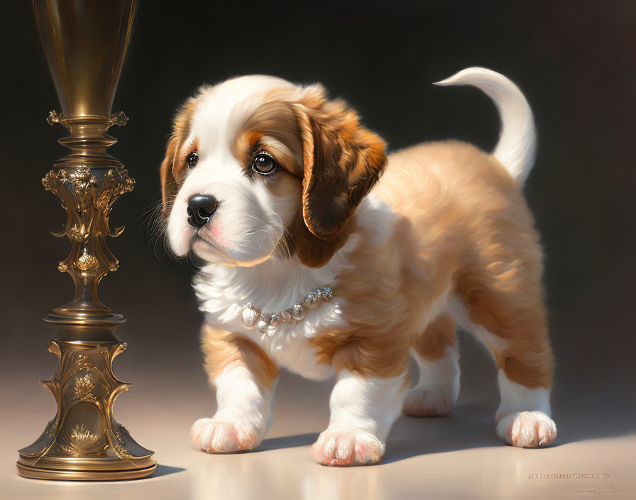 Fluffy brown and white puppy with pearl necklace by golden trophy