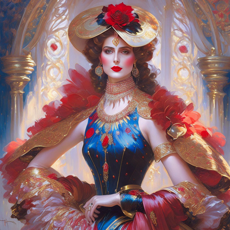 Stylized digital portrait of a woman in ornate blue gown