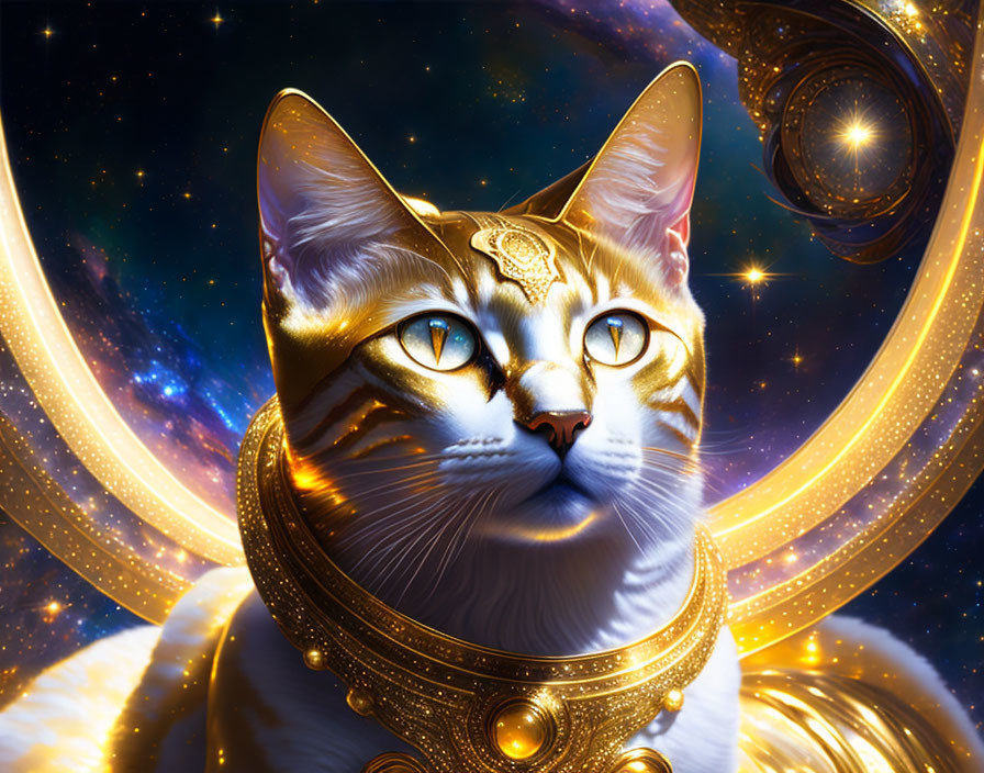 Golden-eyed cosmic cat with space jewelry on starry nebula.