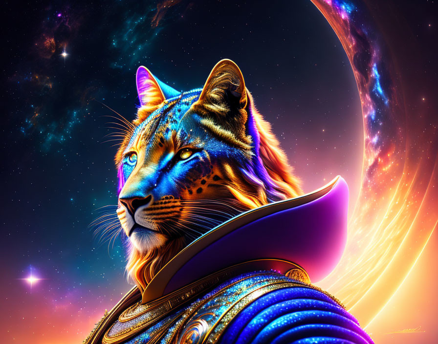 Majestic cosmic tiger in vibrant blue and orange armor against swirling galaxy