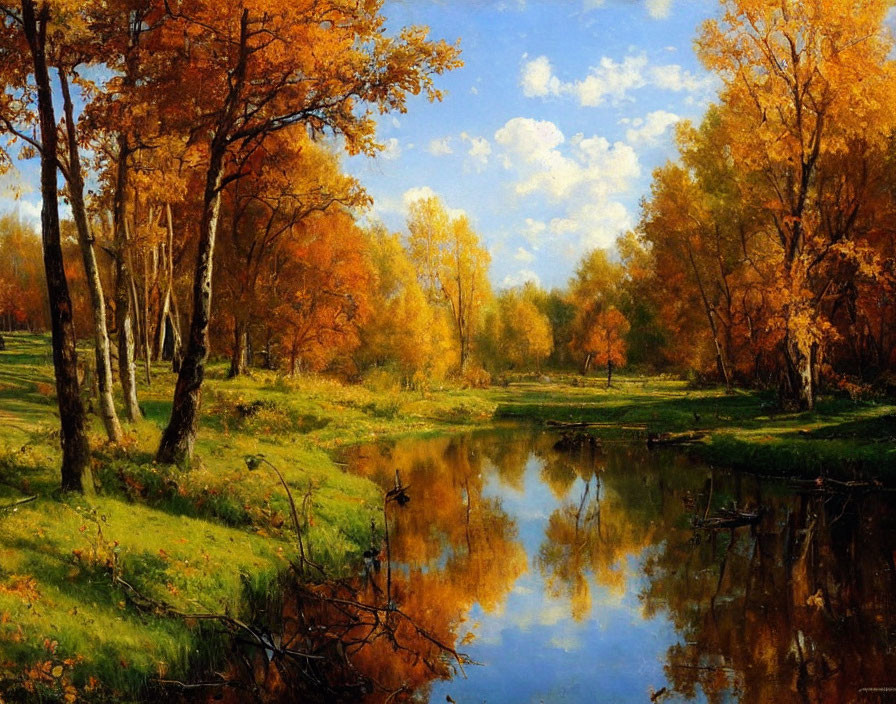 Vibrant autumn trees reflecting in calm river with blue sky and green grass