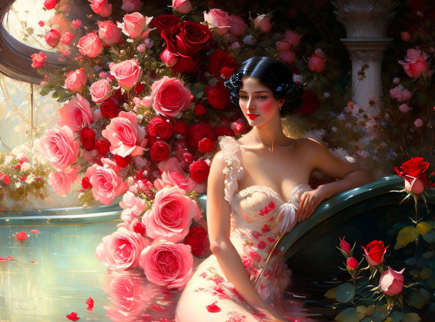 Dark-haired woman in floral dress reclining amidst lush roses