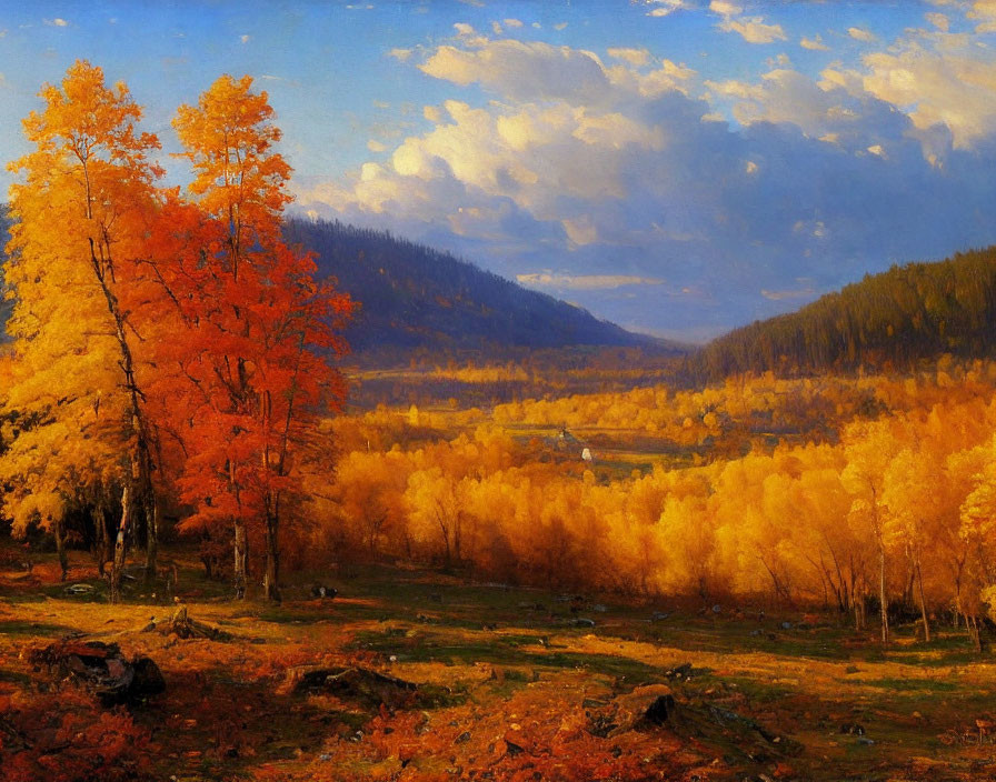 Scenic autumn landscape with golden trees and mountain view