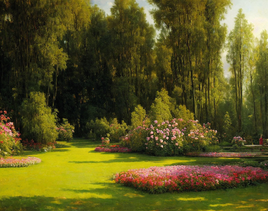 Tranquil garden scene with lush greenery and colorful flowers