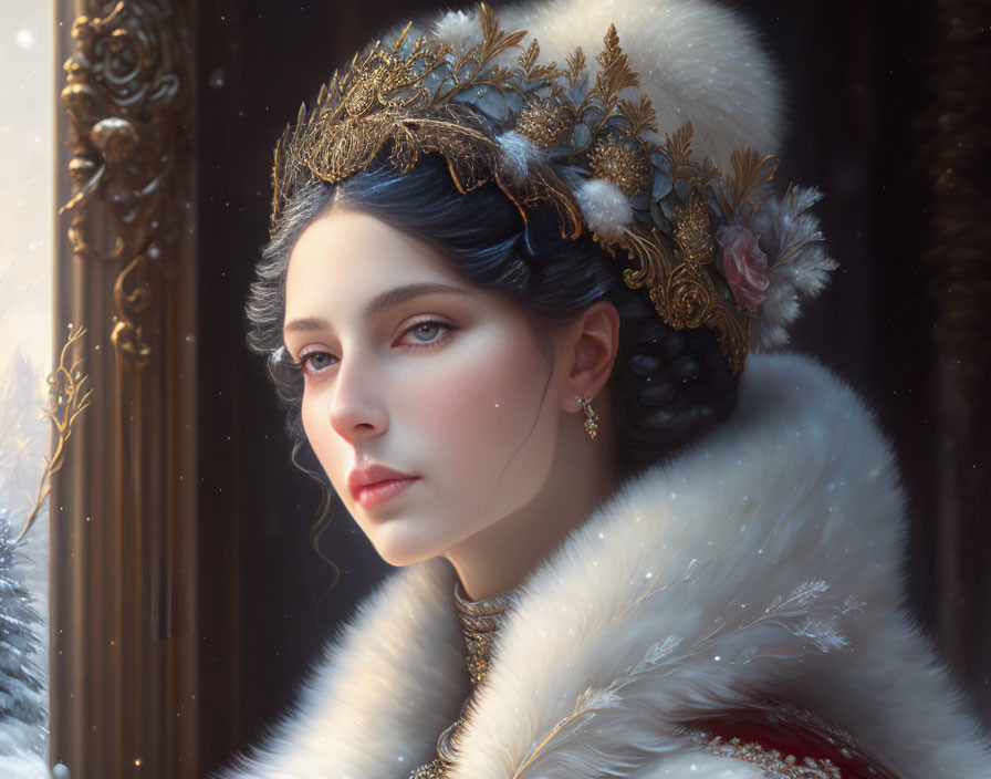 Regal woman in fur-trimmed cloak and golden headdress gazes pensively.