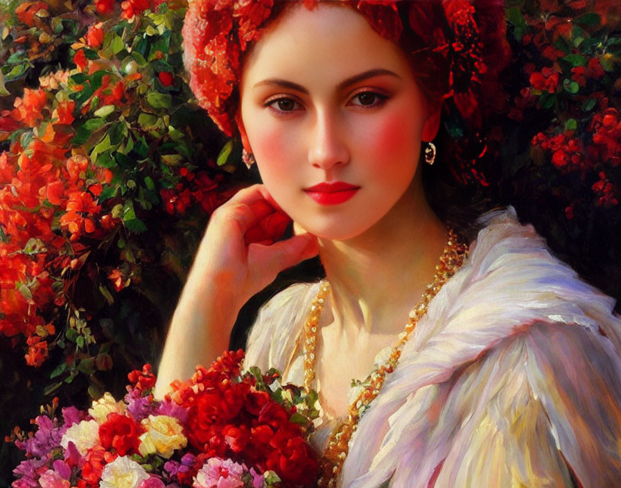 Portrait of woman with floral crown and white blouse in front of red flowers