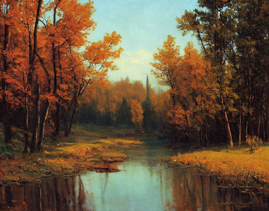 Tranquil river in autumn forest with vibrant foliage