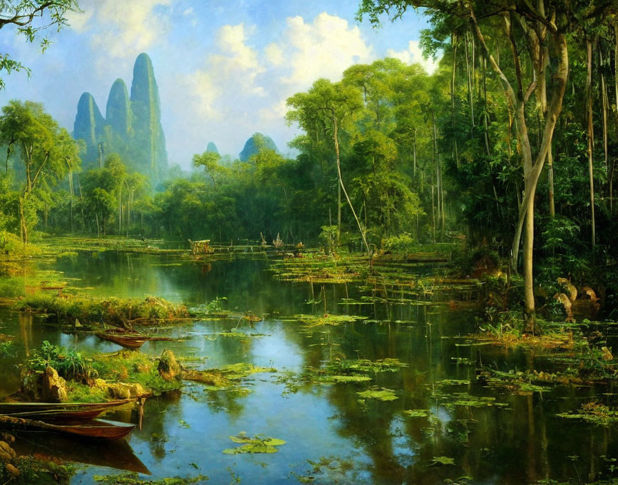 Serene River Scene with Boats, Water Lilies, and Mountains