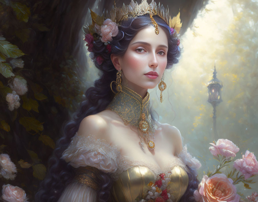 Regal woman with crown in ethereal garden surrounded by roses