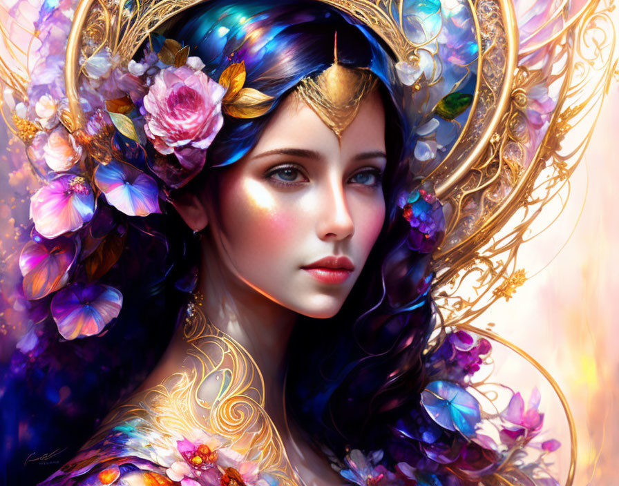 Fantasy woman portrait with blue-violet hair and floral headdress