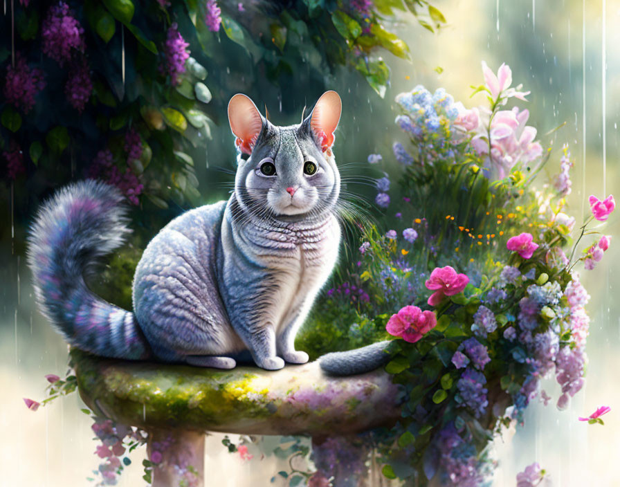 Smiling cat on stone platform with colorful flowers in light rain