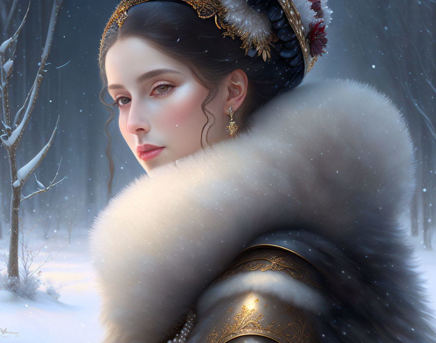 Dark-haired woman in fur cloak in snowy landscape exudes regal elegance