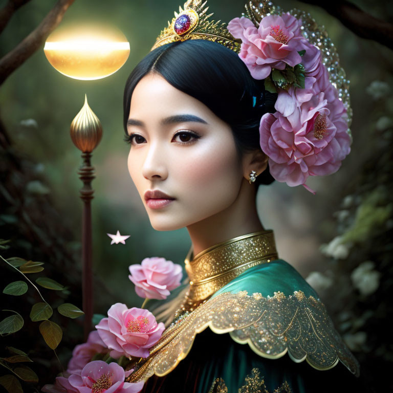 Woman in traditional attire with floral adornments in mystical setting lit by lantern among nature