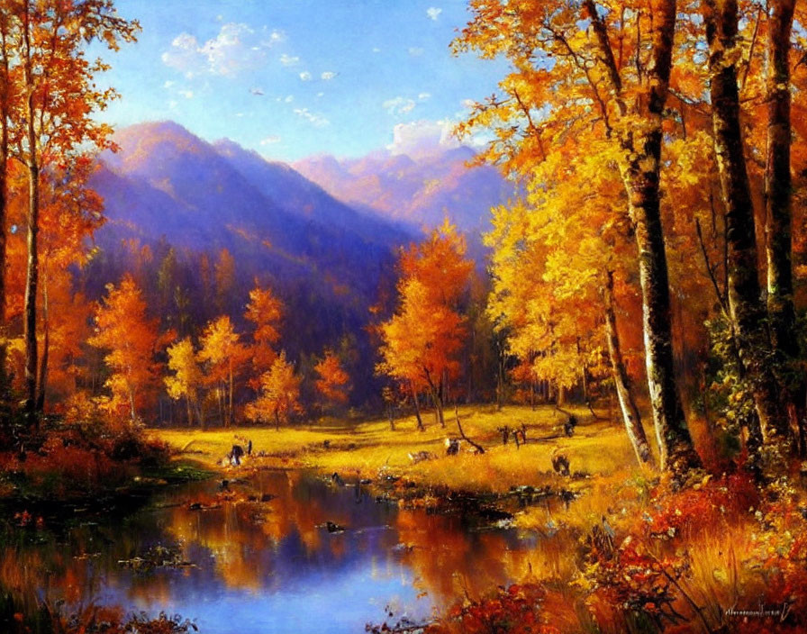 Scenic autumn landscape with golden foliage, pond, mountains, and serene atmosphere