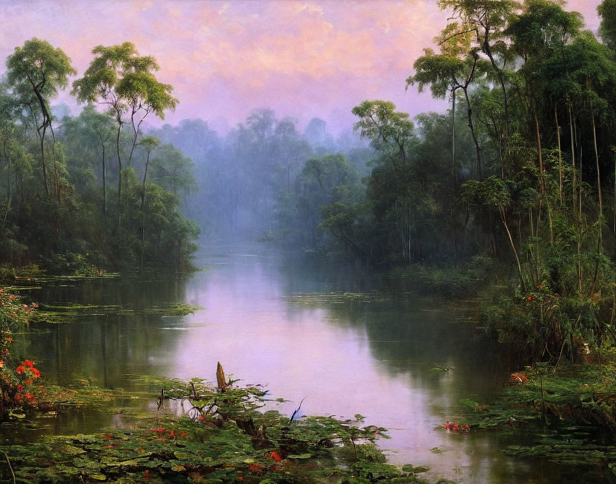 Tranquil river landscape with misty ambiance and vibrant flora