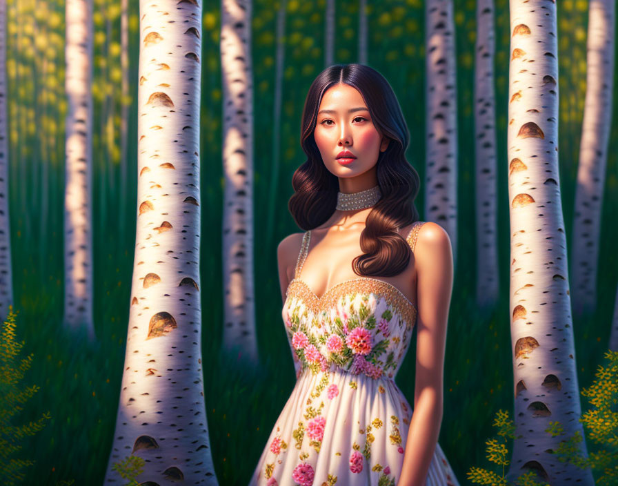 Woman in floral dress surrounded by birch trees in serene setting