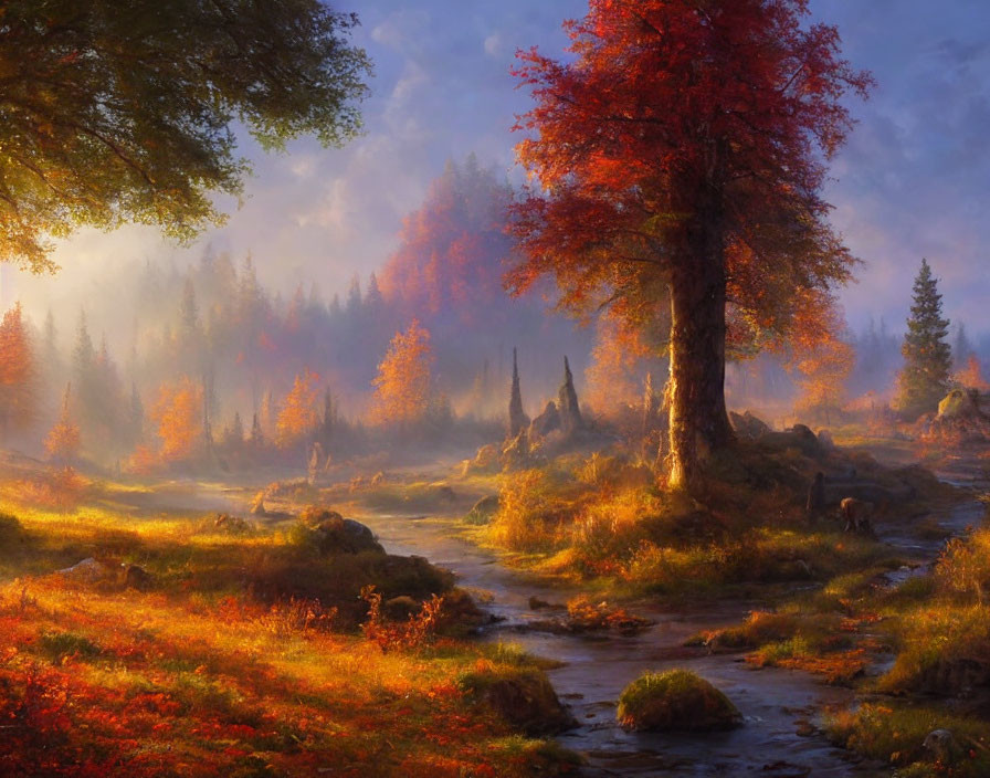 Vibrant autumn forest scene with colorful foliage and gentle stream