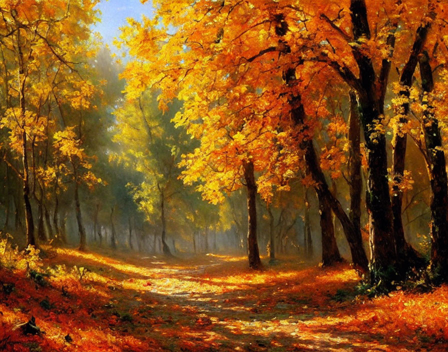 Scenic autumn forest with golden leaves and sunlit clearing