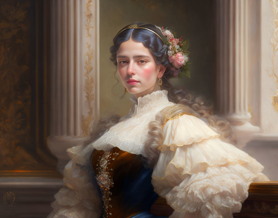 Woman portrait with elaborate floral hairstyle and elegant dress against classical backdrop
