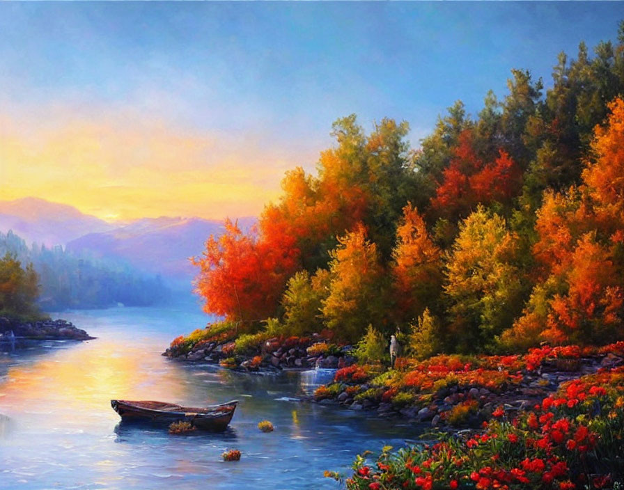 Colorful Autumn River Scene with Foliage and Wooden Boat