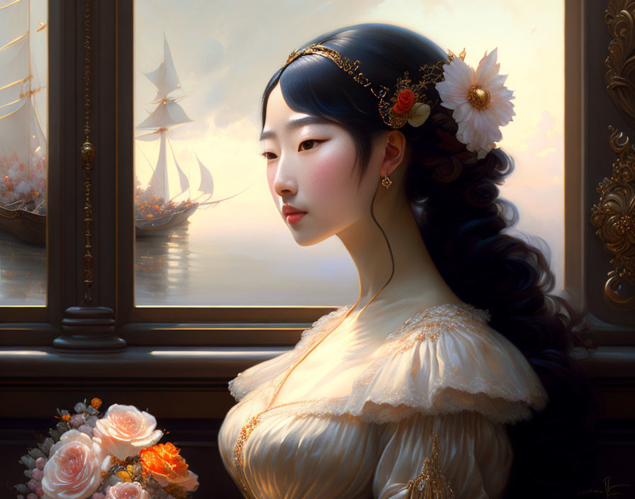 Dark-haired woman adorned with flowers and jewelry gazes by window at sailboat sunset.