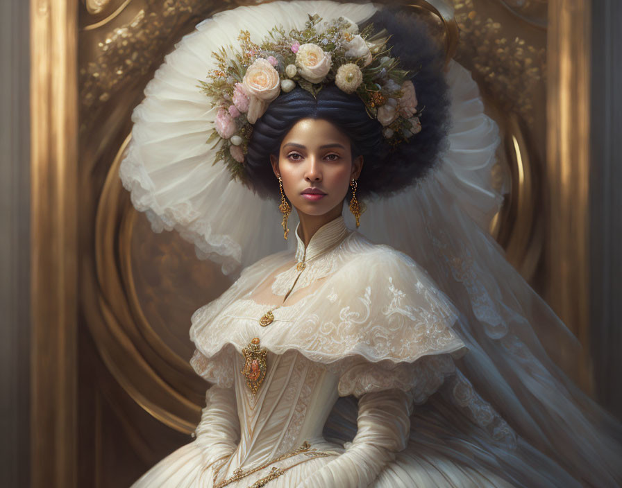 Victorian woman in regal dress with floral hat and golden earrings