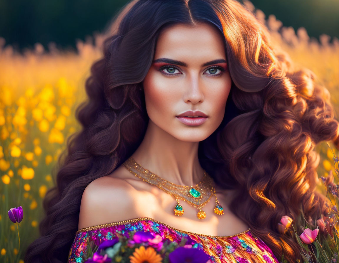 Curly-Haired Woman in Colorful Outfit Surrounded by Yellow Flowers