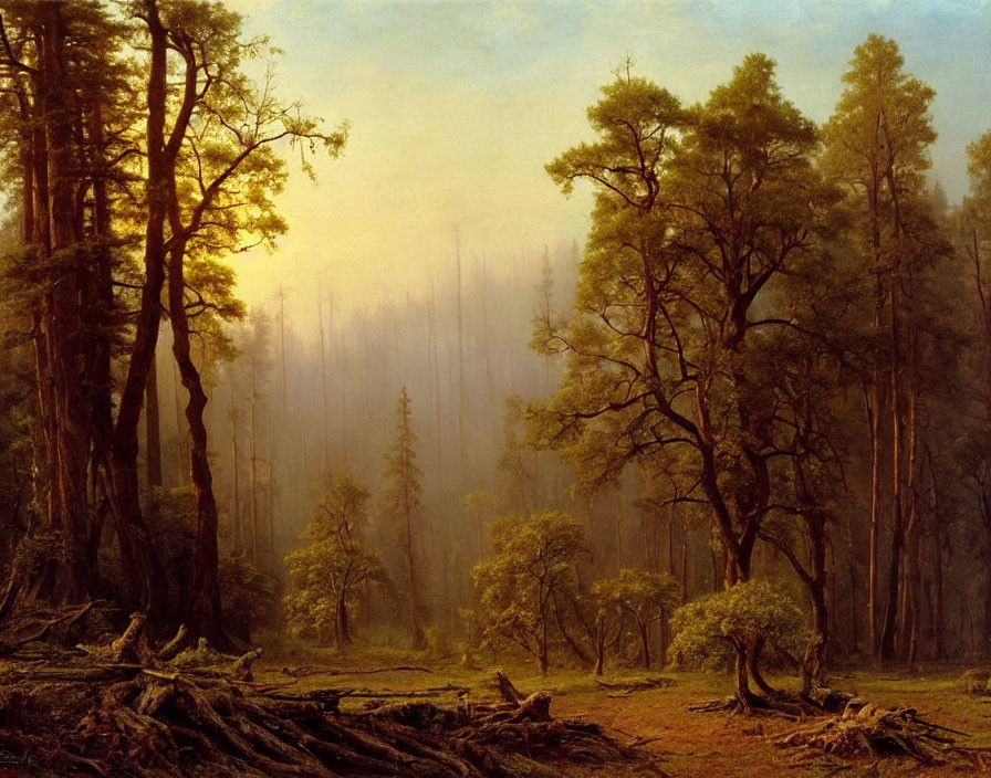 Serene forest landscape at dawn or dusk with mist and towering trees