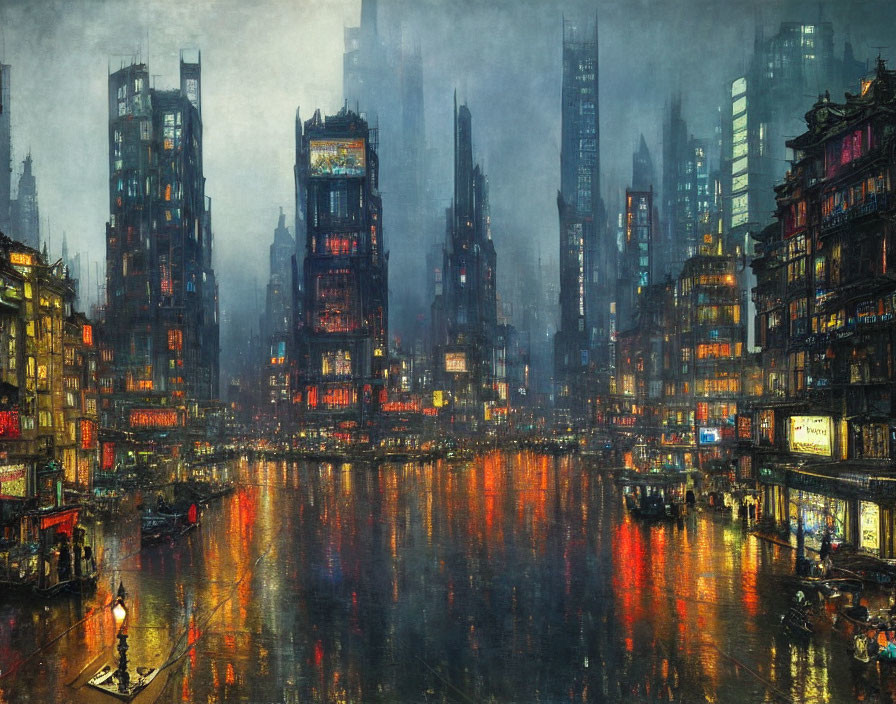 Futuristic night cityscape with illuminated skyscrapers and wet streets