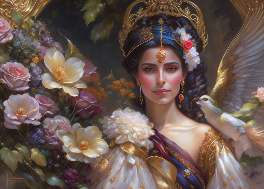 Regal Woman with Bird in Digital Portrait