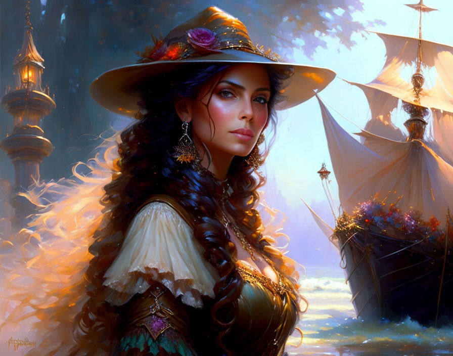 Fantasy portrait of woman in large hat with roses, elegant attire, ships, and mystical background