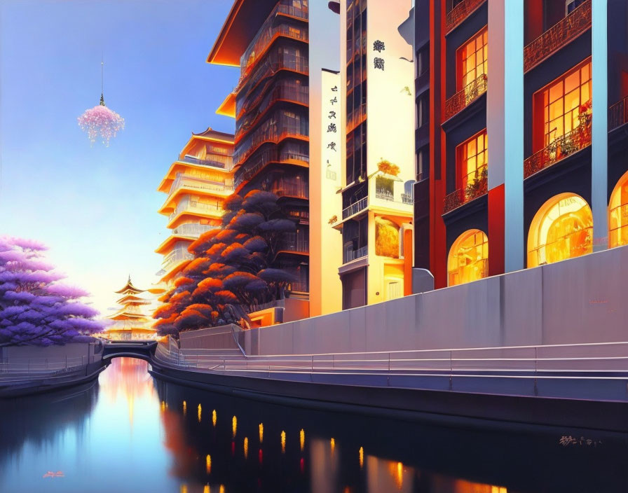 Traditional Asian buildings by serene river canal at dusk