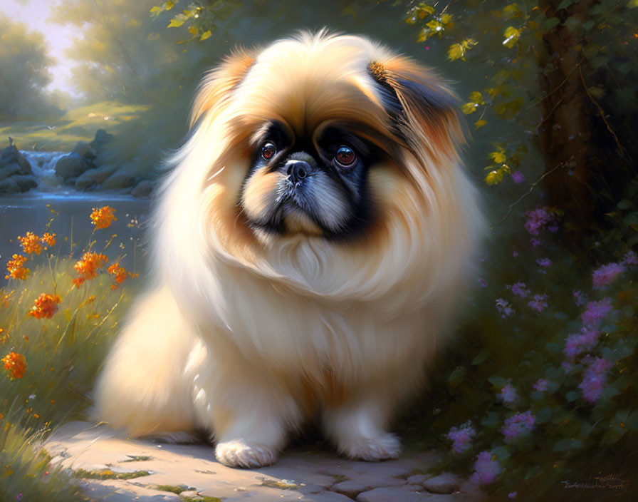 Long-haired dog with expressive eyes in outdoor floral setting