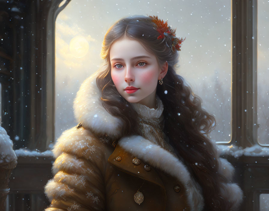 Rosy-cheeked woman in fur coat gazes serenely through snowy window