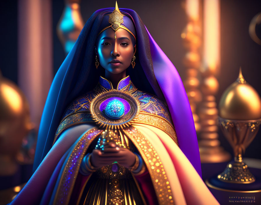 Regal woman in golden and purple robes with ornate artifacts