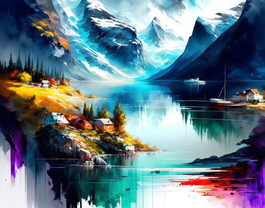 Scenic digital painting of lakeside village with mountains reflected in water