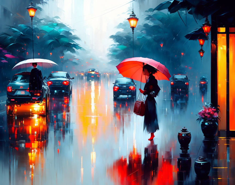 Colorful digital art: Rainy street scene with reflections, streetlights, and person holding red umbrella