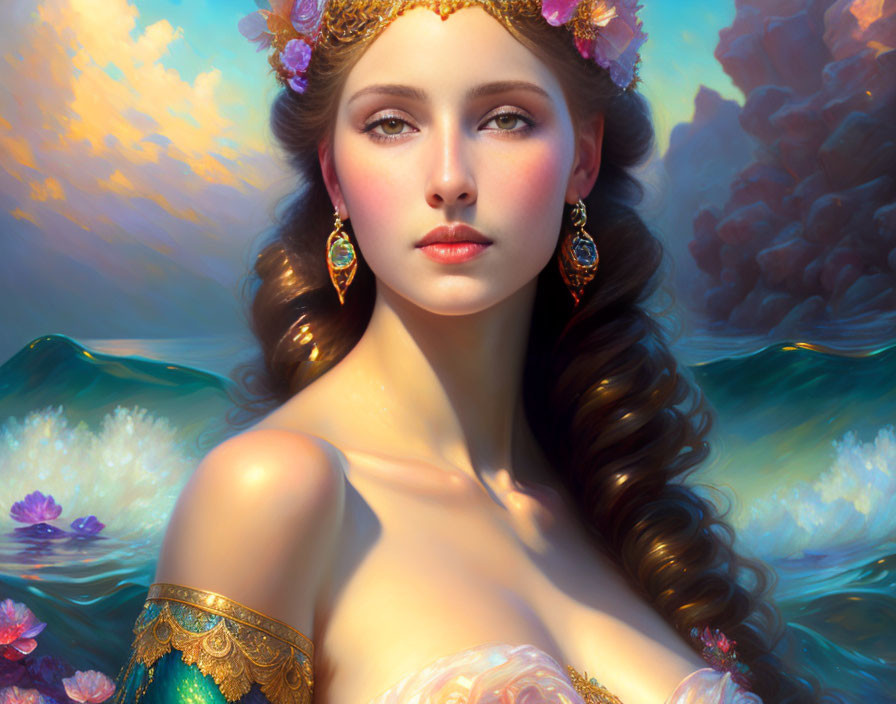 Ethereal woman in golden jewelry and tiara against soft clouds